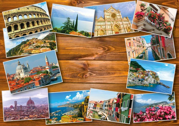 Collage van foto's van Italië op houten achtergrond — Stockfoto