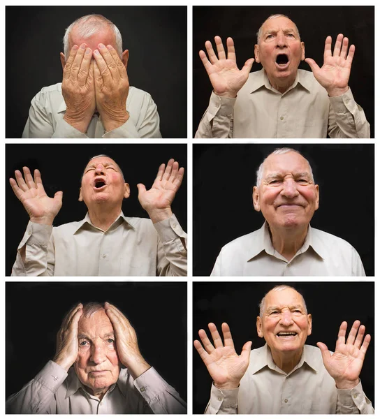 Il vecchio con emozioni su uno sfondo scuro — Foto Stock