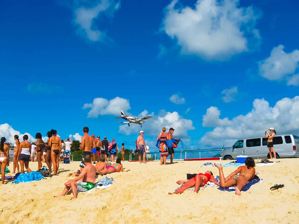 Philipsburg, Sint Maarten - February 10, 2013: The beach at Maho Bay