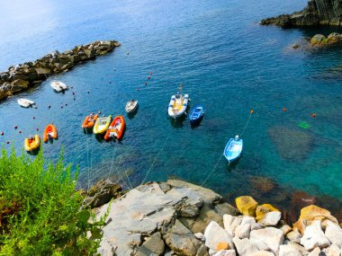 Akdeniz Manarola, Cinque Terre, İtalya, bir taşın üzerinde renkli balık tekneleri