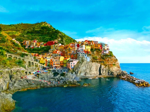 Coloridas casas tradicionales en una roca sobre el mar Mediterráneo, Manarola, Cinque Terre, Italia — Foto de Stock