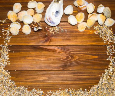 Kum ve kabukları ahşap zemin, yaz kavramı üzerinde