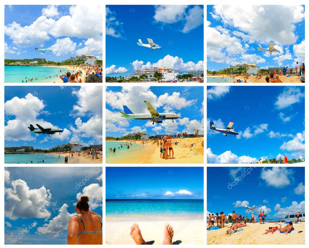 The collage from images of Maho Bay beach