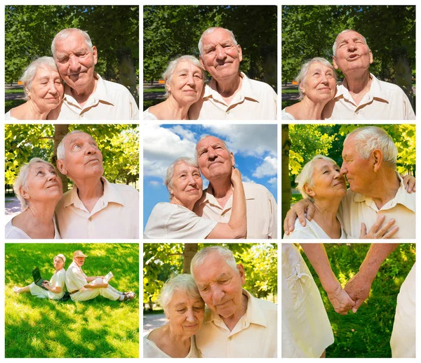 O velho casal feliz no verão em um passeio — Fotografia de Stock