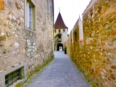 Schaffhausen, İsviçre - kale Schloss Laufen veranda görünüm, kule. Rhainfall şelale Avrupa'nın en büyük üzerinde kale. İsviçre tatil tatiller ünlü gezi turları