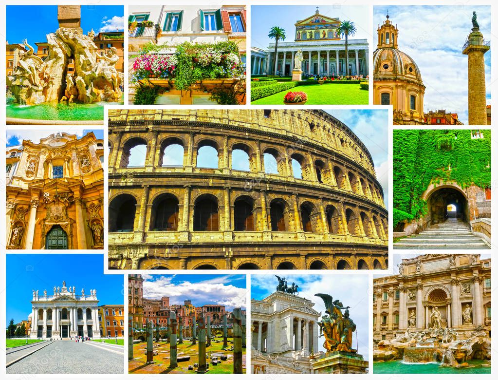 The collage from best views of Rome, Italy