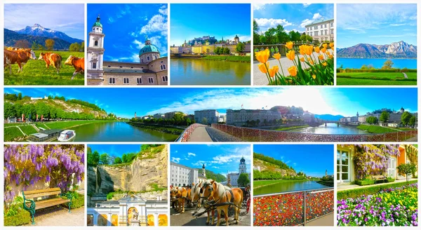 stock image The collage of view of Salzburg skyline with river Salzach, Salzburger Land, Austria