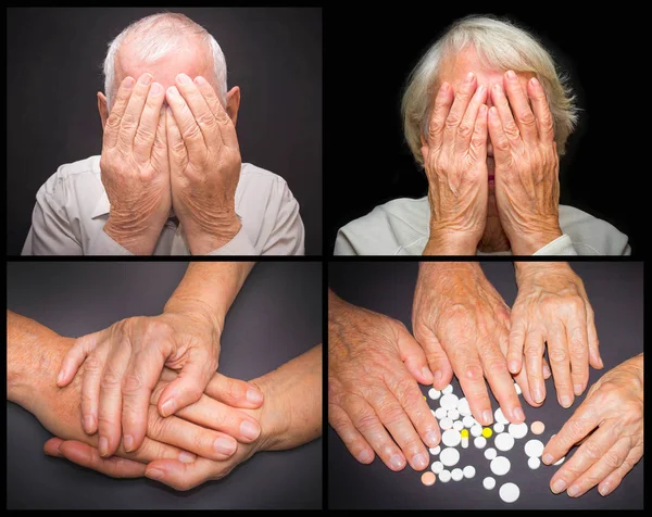 Le vecchie mani con le pillole — Foto Stock