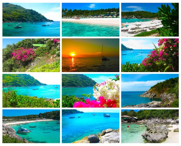 Gyönyörű strand egy trópusi sziget Koh Racha Yai. Kollázs — Stock Fotó