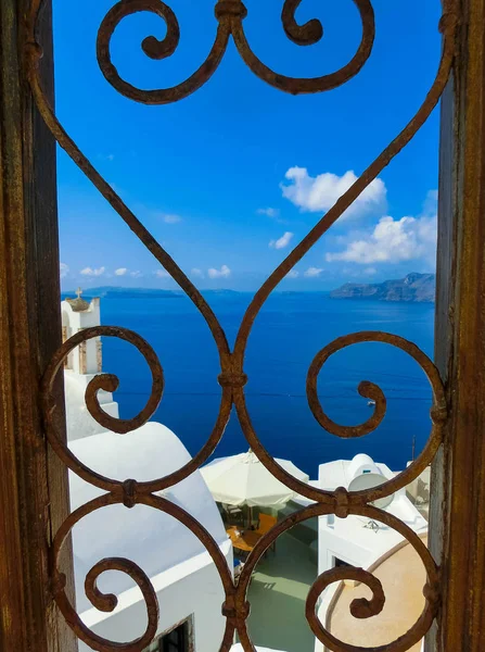 Vista Para Mar Partir Portas Oia Mais Bela Aldeia Santorini — Fotografia de Stock