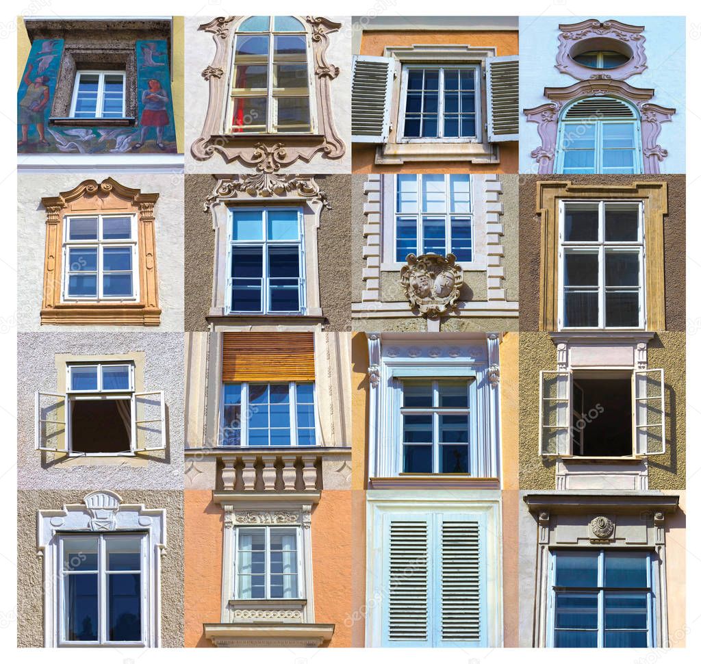 Collage from typical views of a house windows in the center of Salzburg
