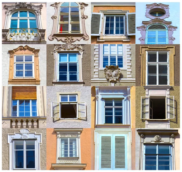 Collage de vistas típicas de una casa ventanas en el centro de Salzburgo —  Fotos de Stock