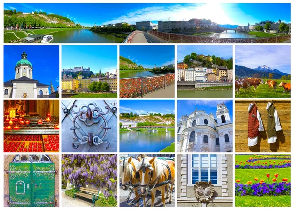 Salzburg manzarası nehir partnerliğindeki, Salzburger arazi, Avusturya ile görünümünü kolaj