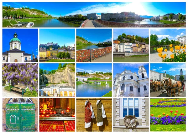 Salzburg manzarası nehir partnerliğindeki, Salzburger arazi, Avusturya ile görünümünü kolaj