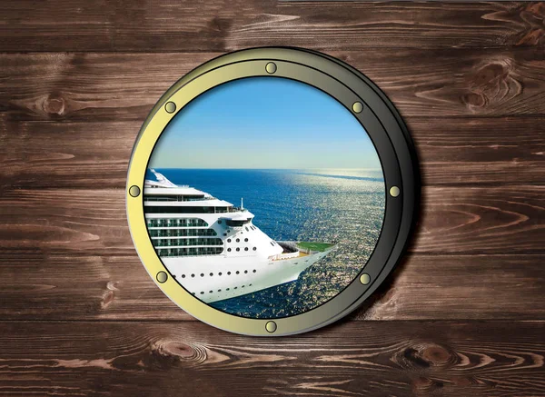 The ship window with sea or ocean and cruise liner. Travel and adventure concept. — Stock Photo, Image