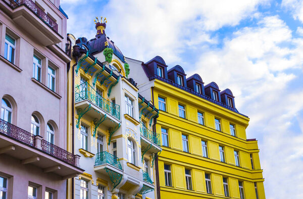 The facades of old houses in the center of Karlovy Vary, Czech republic on January 01, 2018