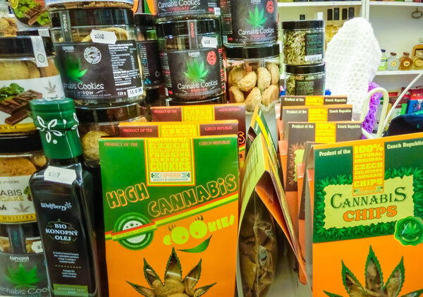 Prague, Czech Republic - December 31, 2017: Cannabies cookies in window shop in Prague, Czech Republic