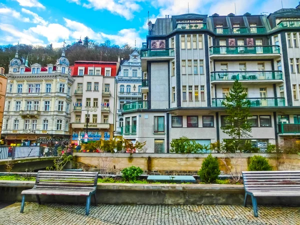 Karlovy Vary, Cszech Republic - January 01, 2018: The people going at center with facades of old houses — Stock Photo, Image