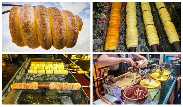 The collage about traditional Czech street food - trdelnik
