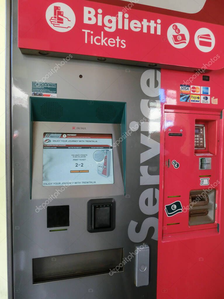 Genoa, Italy - September 15, 2019: Trenitalia symbol. Trenitalia is the primary train operator in Italy. Trenitalia is owned by Ferrovie dello Stato Italiane, itself owned by the Italian Government
