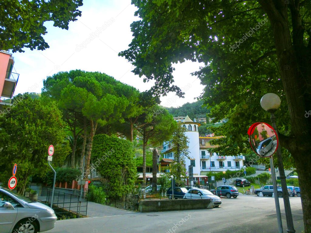 Sunny Cityscape of little street in Moneglia village in Liguria