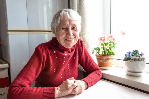 Retrato de una mujer mayor sonriente, mirando a la cámara. — Foto de Stock