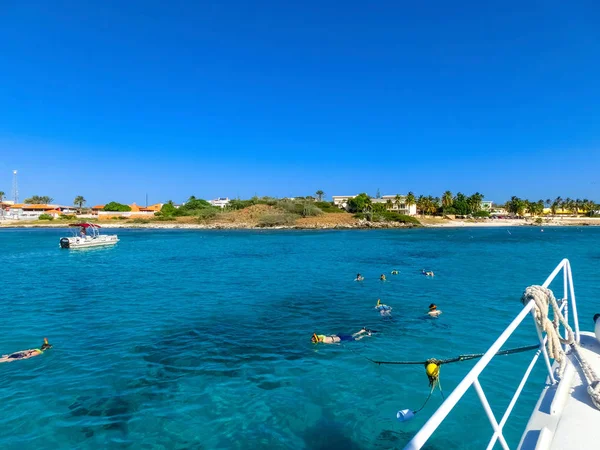 Tourists snorkeling along the coastline and enjoy the tropical island of Aruba — Stock Photo, Image