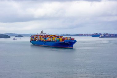Panama Kanalı, Panama - 7 Aralık 2019: Panama Kanalı 'ndaki Maersk Hattı konteynır gemisi.