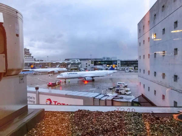 Frankfurt am Mine, Tyskland - 28 november 2019: Flygplan står nära terminalen — Stockfoto