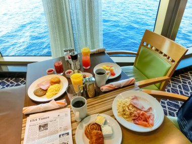 Willemstad, Curacao, Netherlands - December 5, 2019: Dining Room Buffet aboard the luxury abstract cruise ship