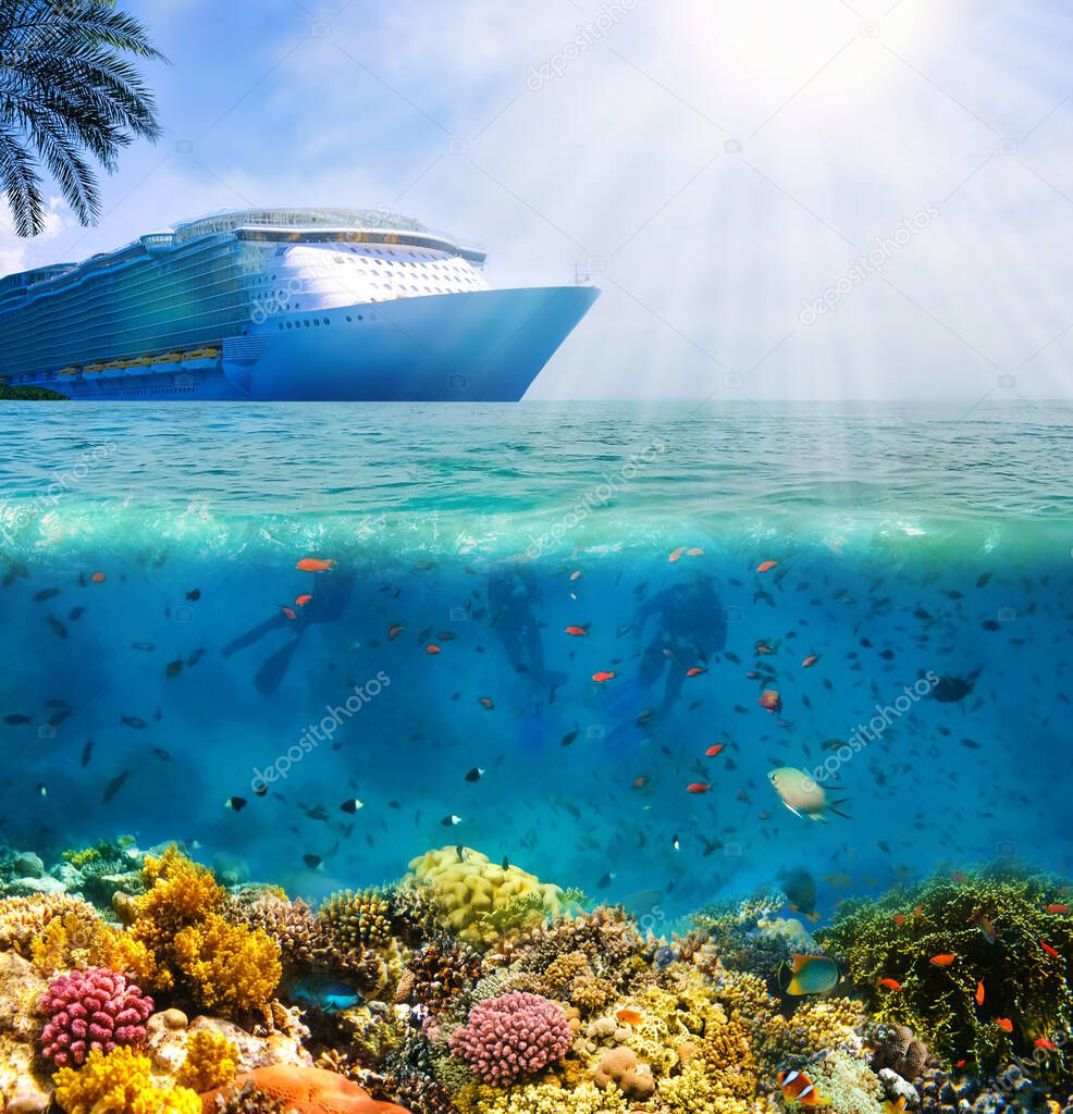 Collage of underwater coral reef at sea. Cruise ship and palm tree. Happy cruise concept