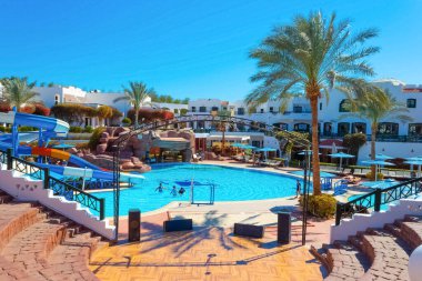 Sharm El Sheikh, Egypt - February 13, 2020: The view of hotel Verginia Sharm Resort and Aqua Park 4 stars at Sharm El Sheikh, Egypt on February 13, 2020