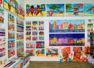 Willemstad, Curacao, Netherlands - December 5, 2019: The painting at shop with gifts and souvenirs from local vendors.