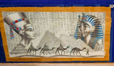 Sharm El Sheikh, Egypt - February 17, 2020: Various of papyrus with elements of egyptian history - objects displayed in shop in the bazaar at Sharm El Sheikh, Egypt