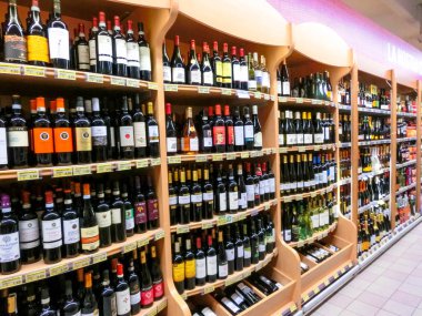 Genoa, Liguria, Italy - September 11, 2019: The wine shellves at supermarket COOP at Genova, Italy