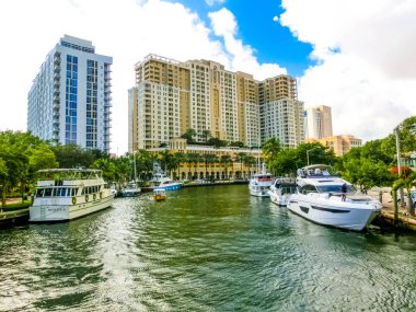 Fort Lauderdale - December 1, 2019: Cityscape of Ft. Lauderdale, Florida showing the beach, yachts and condominiums