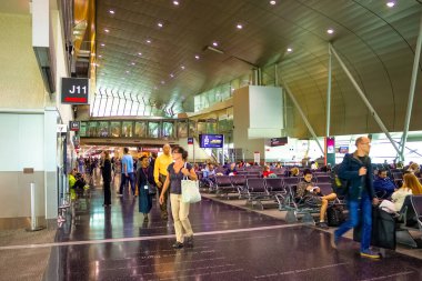 Miami, Florida, USA - December 12, 2019: Travelers inside Miami International Airport in Miami FL. The airport ranks first in the United States by percentage of international flights.