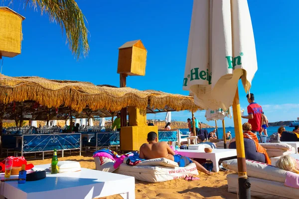 Sharm El Sheikh, Egypt - February 18, 2020: People resting at Terrazzina beach in Egypt