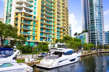 Fort Lauderdale - December 1, 2019: Cityscape of Ft. Lauderdale, Florida showing the beach, yachts and condominiums