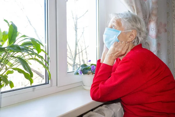 Covid Health Safety Pandemic Concept Senior Old Lonely Woman Wearing — Stock Photo, Image