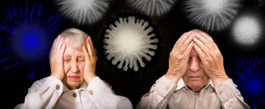 Stresli yaşlı çift portresi. Coronavirus Covid-19 kavramı. Yaşlılar için tehlike
