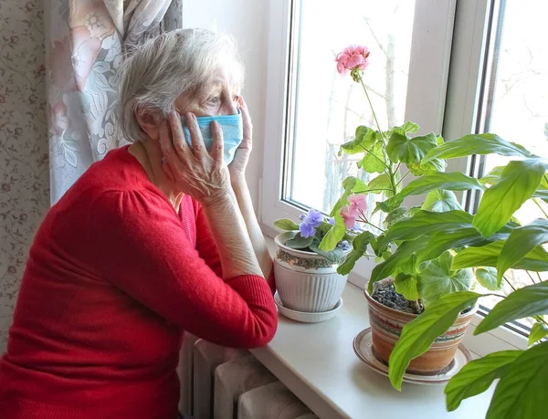 Covid Health Safety Pandemic Concept Senior Old Lonely Woman Wearing — Stock Photo, Image