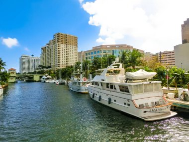 Fort Lauderdale - December 1, 2019: Cityscape of Ft. Lauderdale, Florida showing the beach, yachts and condominiums