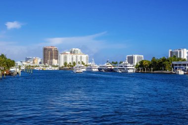Fort Lauderdale - December 1, 2019: Cityscape of Ft. Lauderdale, Florida showing the beach, yachts and condominiums