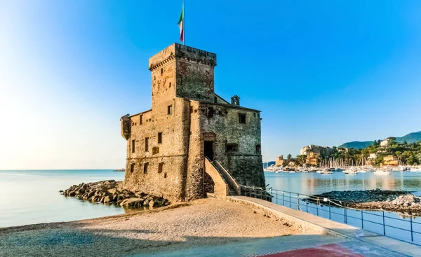 italian castles on sea italian flag - castle of Rapallo , Liguria Genoa Tigullio gulf near Portofino at Italy .