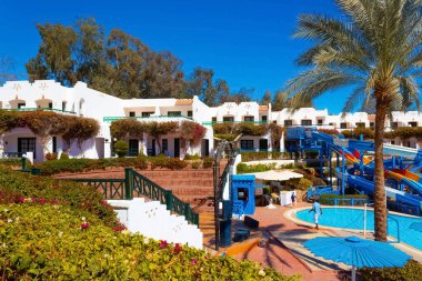 Sharm El Sheikh, Egypt - February 13, 2020: The view of hotel Verginia Sharm Resort and Aqua Park 4 stars at Sharm El Sheikh, Egypt on February 13, 2020