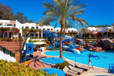 Sharm El Sheikh, Egypt - February 13, 2020: The view of hotel Verginia Sharm Resort and Aqua Park 4 stars at Sharm El Sheikh, Egypt on February 13, 2020