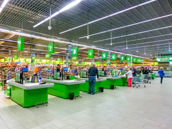 Kiev Ucrânia Setembro 2019 Fila Caixa Mesa Caixa Supermercado Novus — Fotografia de Stock