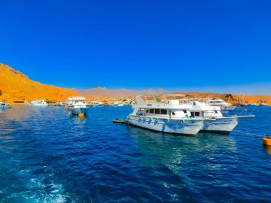 Sharm El Sheikh, Mısır - 16 Şubat 2020: Ras Mohammed Ulusal Parkı 'nda gezinti için limanda keyif yatları