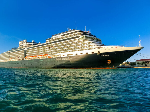 Oranjestad, Aruba - December 4, 2019: The cruise ship Holland America cruise ship Eurodam docked at Aruba island.